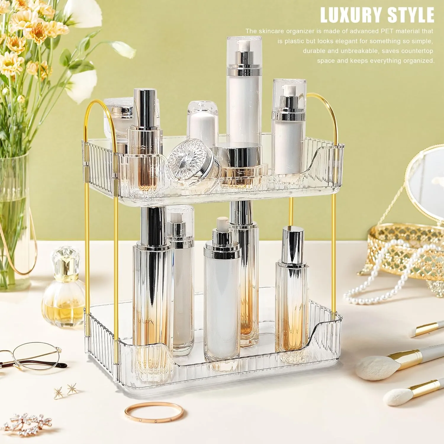 Bathroom Counter Organizer Countertop Storage Skincare Countertop Makeup Organizer Cosmetics Skincare Organizers Holder for Perfume-Clear-golden pole