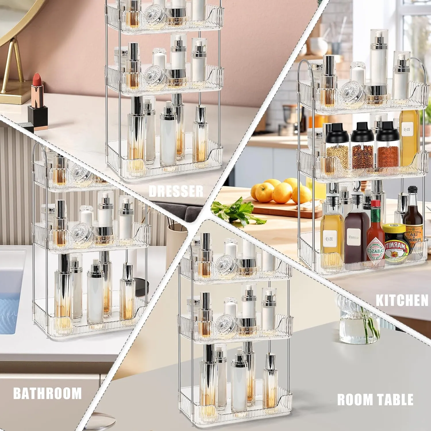 Bathroom Counter Organizer Countertop Storage Skincare Countertop Makeup Organizer Cosmetics Skincare Organizers Holder for Perfume-Clear White-Silver Pole-3 Tier