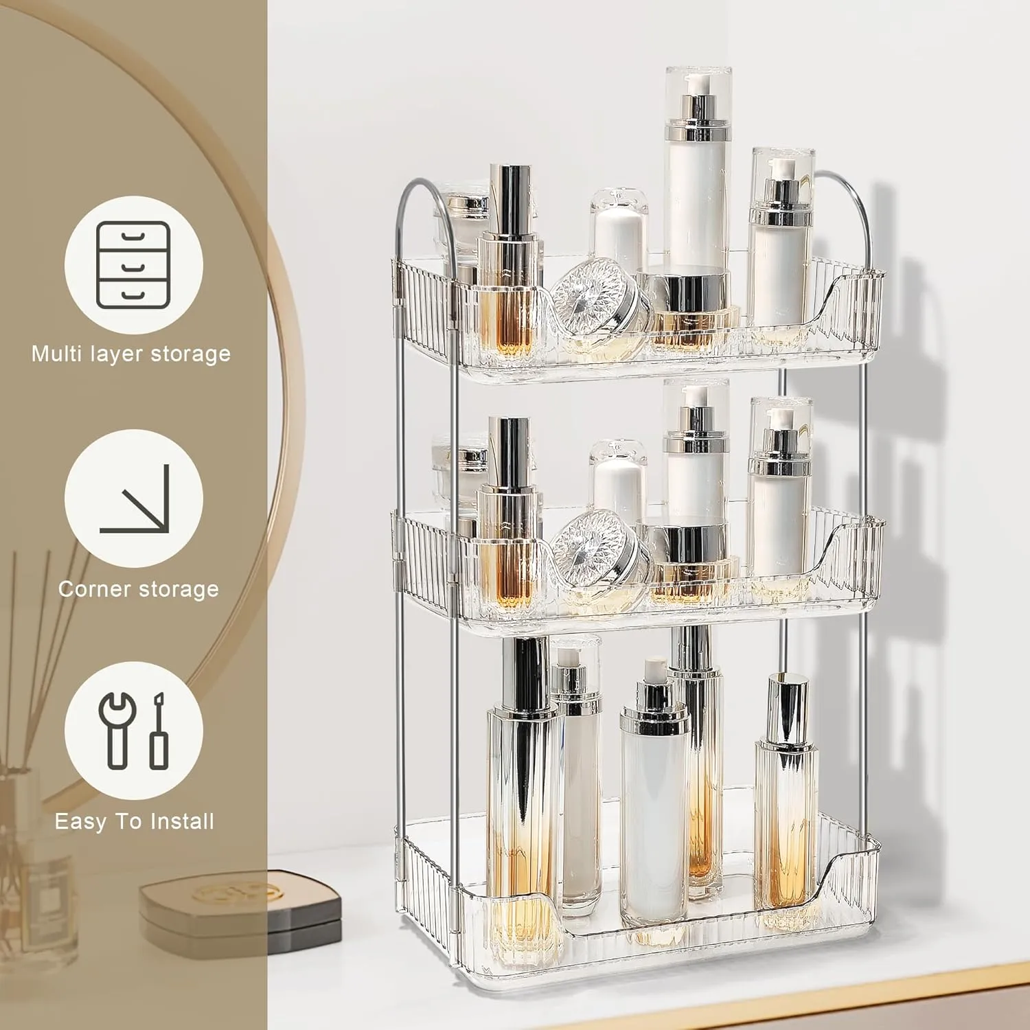 Bathroom Counter Organizer Countertop Storage Skincare Countertop Makeup Organizer Cosmetics Skincare Organizers Holder for Perfume-Clear White-Silver Pole-3 Tier