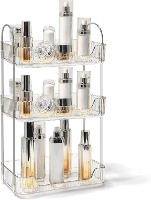 Bathroom Counter Organizer Countertop Storage Skincare Countertop Makeup Organizer Cosmetics Skincare Organizers Holder for Perfume-Clear White-Silver Pole-3 Tier