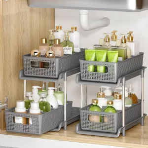 Bathroom Organizer with Dividers, 2Pcs 2 Tier Stackable Under Sink Organizers and Storage Cabinet Organizers for Bathroom Kitchen Pantry Organization and Storage, Medicine Cabinet Organizer