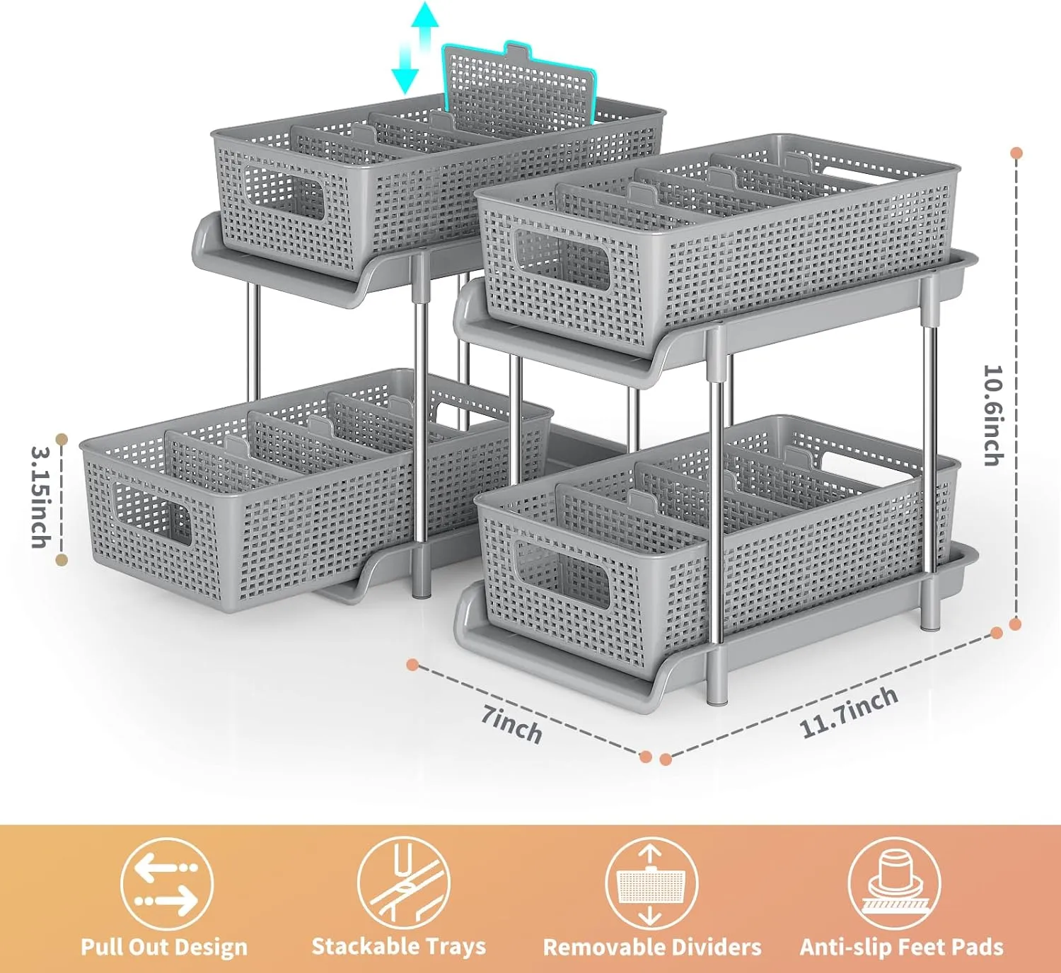 Bathroom Organizer with Dividers, 2Pcs 2 Tier Stackable Under Sink Organizers and Storage Cabinet Organizers for Bathroom Kitchen Pantry Organization and Storage, Medicine Cabinet Organizer