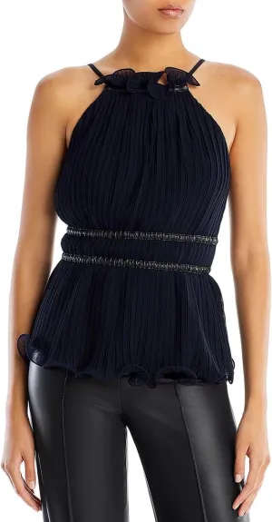 BCBGMAXAZRIA Women's Fit and Flare Top Ruffle Mock Neck Hem Adjustable Straps Leather Trim Waist Shirt