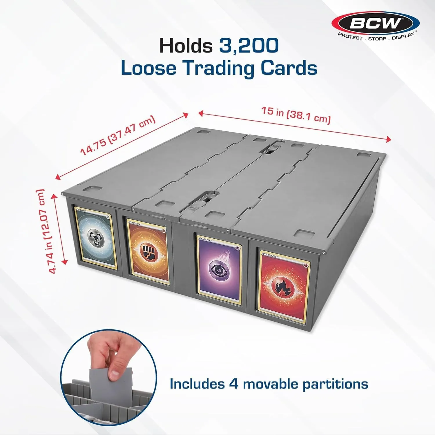 BCW Collectible Card Bin (4-Pack, Gray) | Holds 3200 Cards Each | Includes 4 Dividers Per Bin | Storage for Pokémon, MTG & Sports Cards