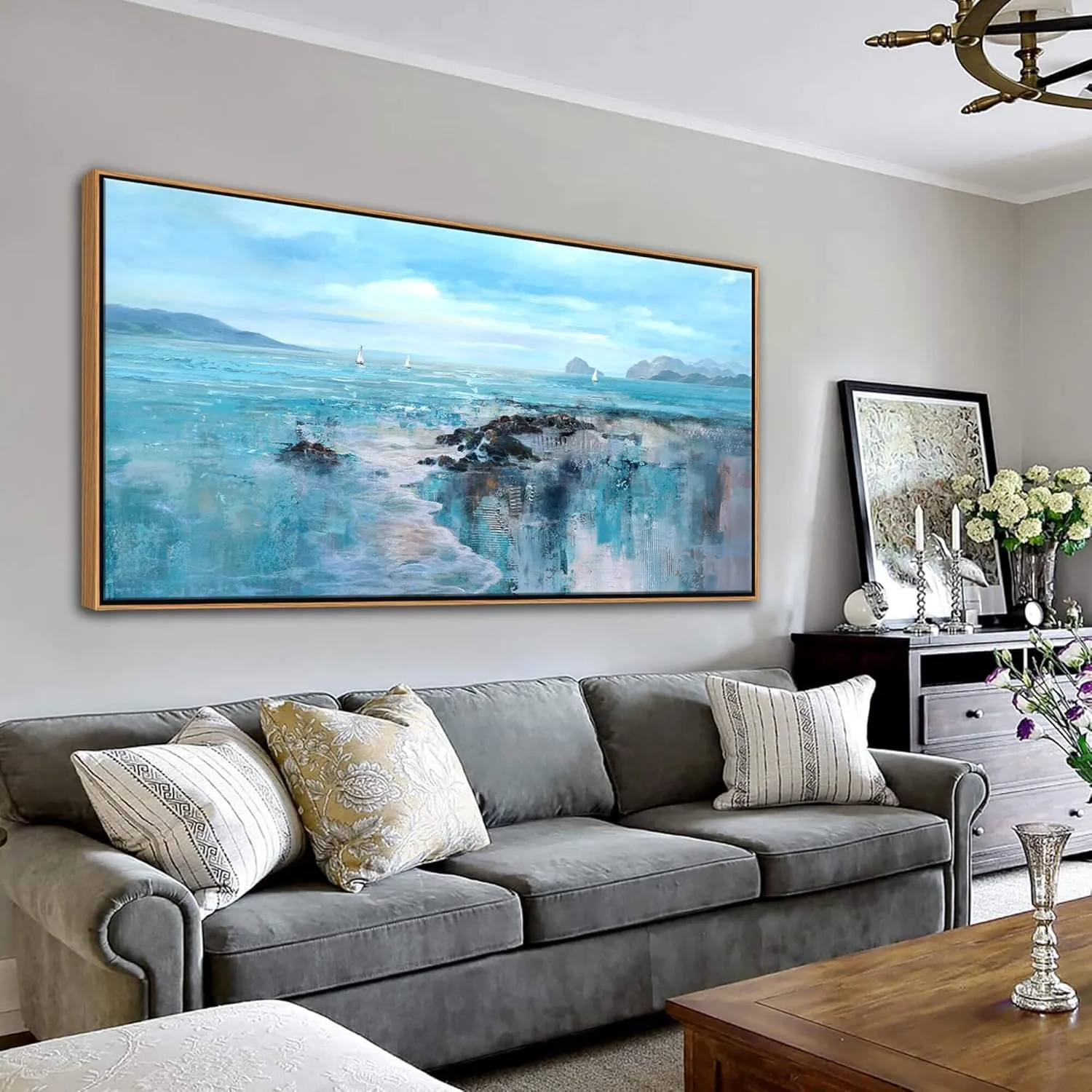 Beach Large Framed Wall Art for Living Room Coastal Wall Picture for Bed Room Ocean Landscape Canvas Art Wall Decor Sea Canvas Print Artwork for Home Bedroom Office