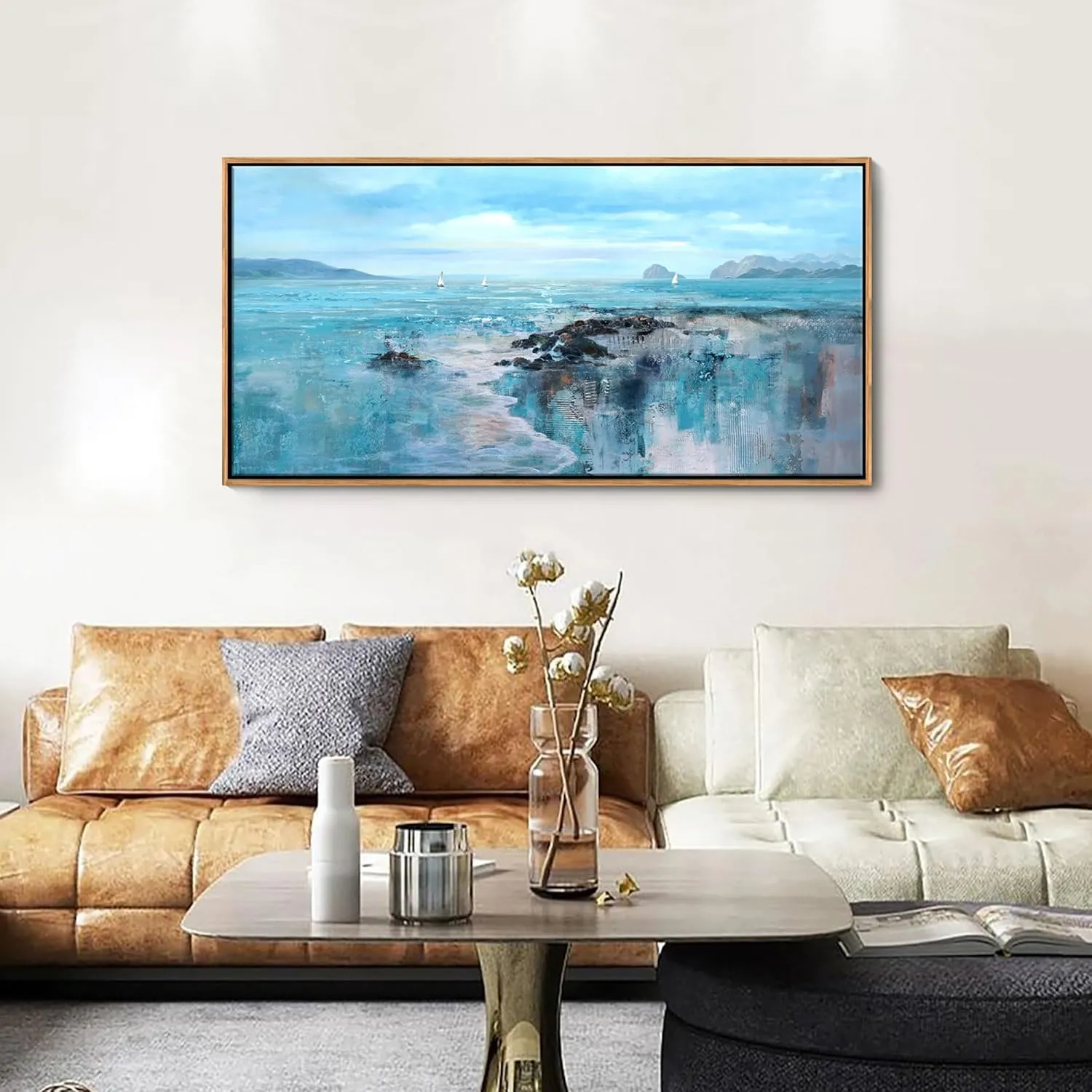 Beach Large Framed Wall Art for Living Room Coastal Wall Picture for Bed Room Ocean Landscape Canvas Art Wall Decor Sea Canvas Print Artwork for Home Bedroom Office