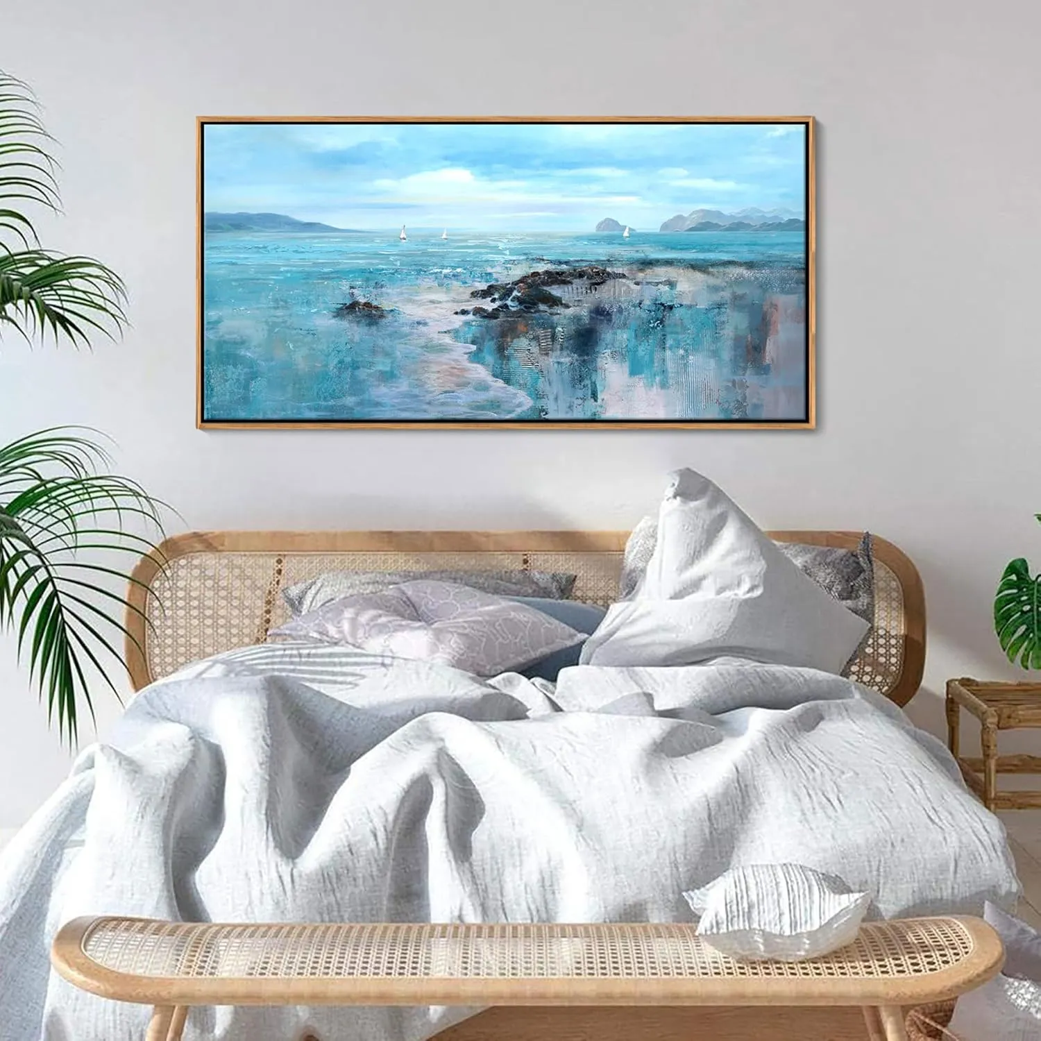 Beach Large Framed Wall Art for Living Room Coastal Wall Picture for Bed Room Ocean Landscape Canvas Art Wall Decor Sea Canvas Print Artwork for Home Bedroom Office