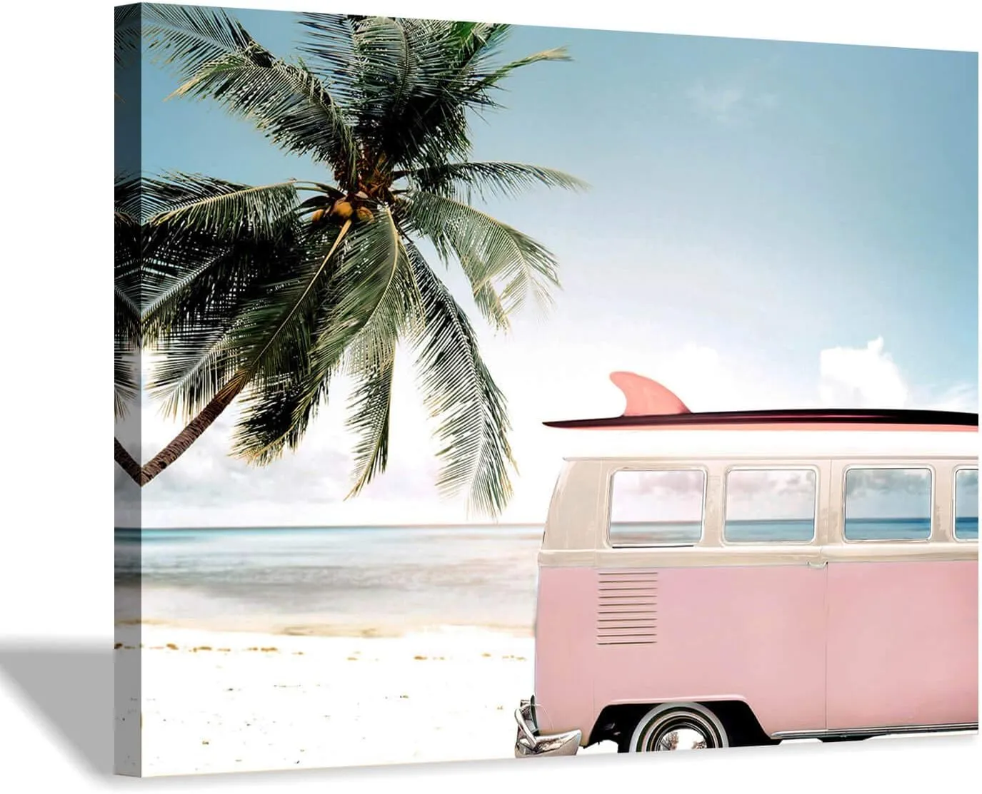 Beach Picture Coastal Wall Art: Pink Car with Surfboard Artwork Seaside Palm Painting Print on Canvas for Living Room (16'' x 12'' x 1 Panel)
