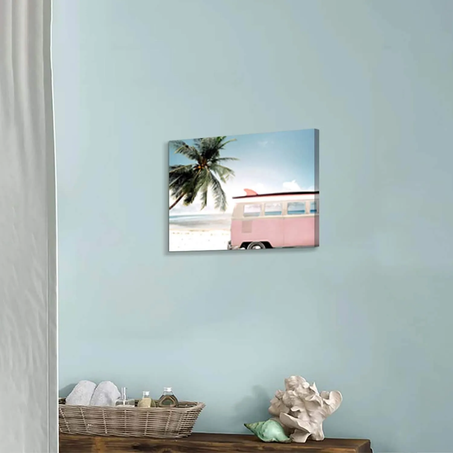 Beach Picture Coastal Wall Art: Pink Car with Surfboard Artwork Seaside Palm Painting Print on Canvas for Living Room (16'' x 12'' x 1 Panel)
