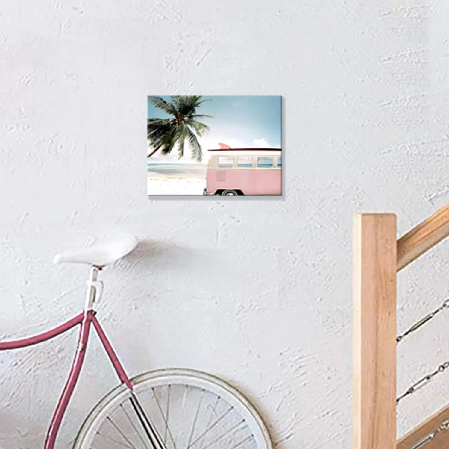 Beach Picture Coastal Wall Art: Pink Car with Surfboard Artwork Seaside Palm Painting Print on Canvas for Living Room (16'' x 12'' x 1 Panel)