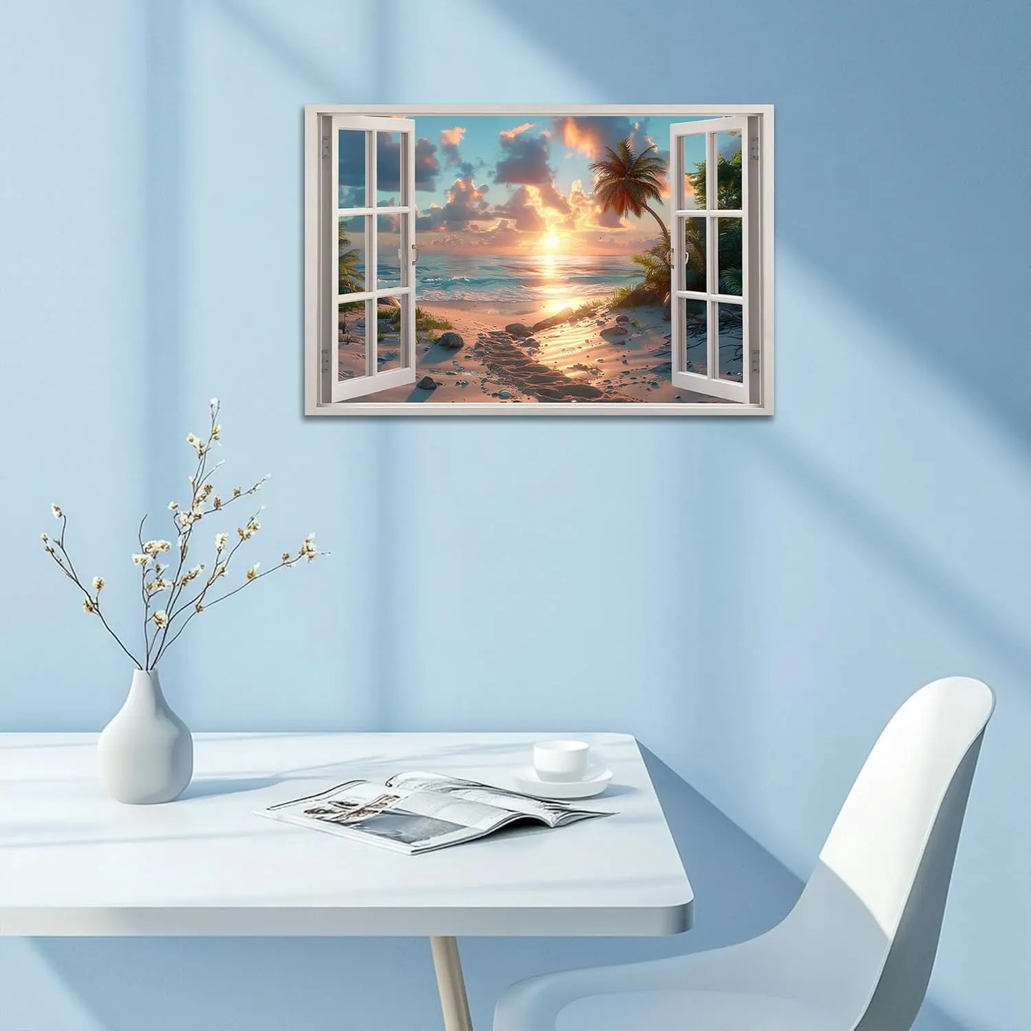 Beach Wall Art for Bathroom, Window Frame Style Canvas Wall Decor Ocean Sunset Print, Blue Sea and Tropical Palm Tree Ocean Island Canvas, Paradise Scenery Nature Landscape Painting for Office 18"x24"