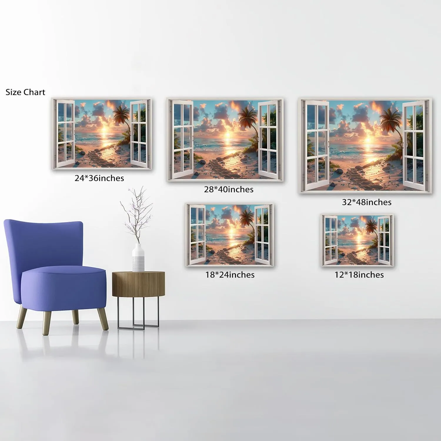 Beach Wall Art for Bathroom, Window Frame Style Canvas Wall Decor Ocean Sunset Print, Blue Sea and Tropical Palm Tree Ocean Island Canvas, Paradise Scenery Nature Landscape Painting for Office 18"x24"
