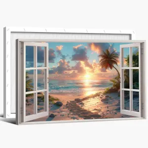 Beach Wall Art for Bathroom, Window Frame Style Canvas Wall Decor Ocean Sunset Print, Blue Sea and Tropical Palm Tree Ocean Island Canvas, Paradise Scenery Nature Landscape Painting for Office 18"x24"
