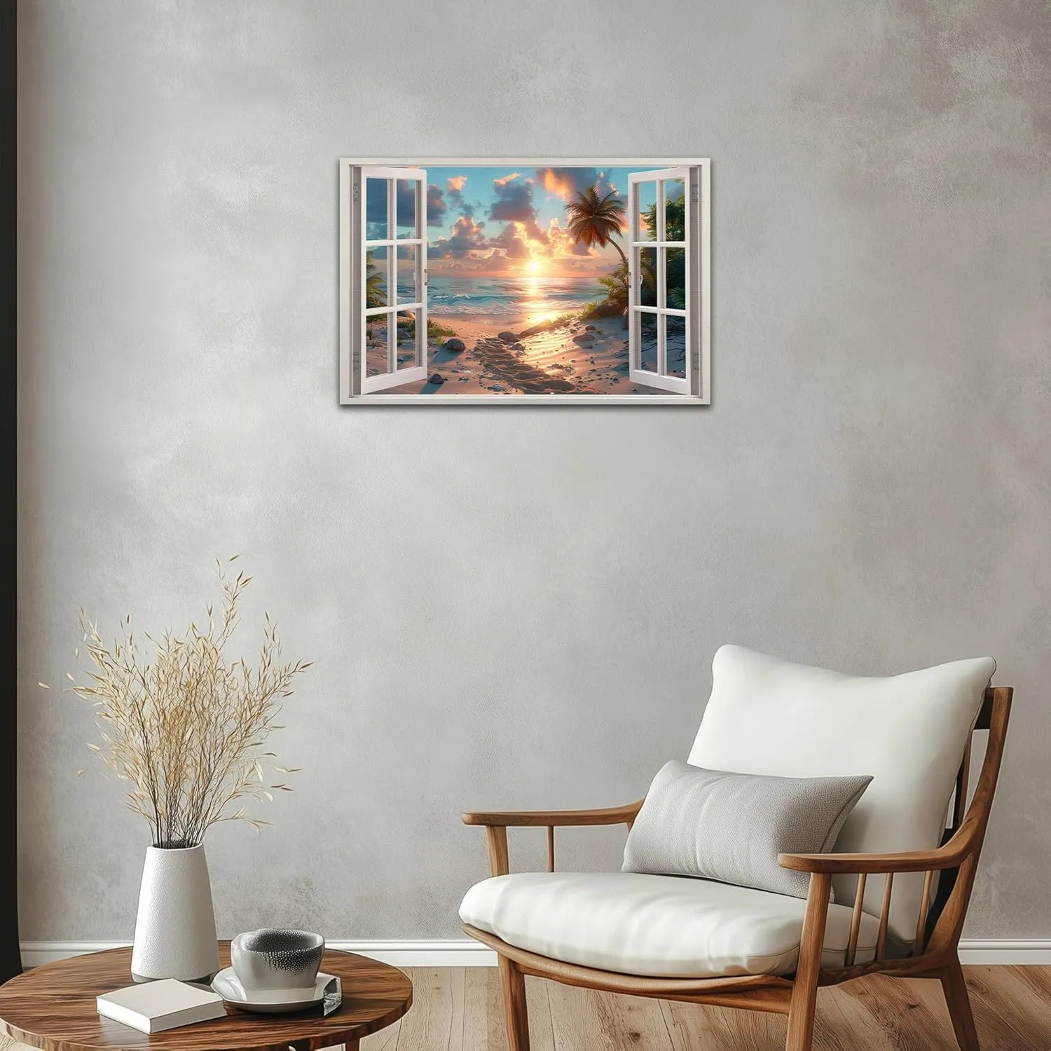 Beach Wall Art for Bathroom, Window Frame Style Canvas Wall Decor Ocean Sunset Print, Blue Sea and Tropical Palm Tree Ocean Island Canvas, Paradise Scenery Nature Landscape Painting for Office 18"x24"