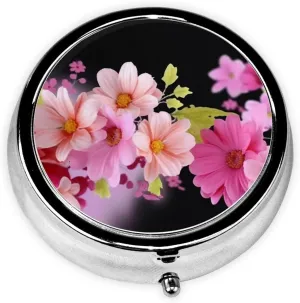 Beautiful Flowers Pill Box Round Pill Case for Pocket Purse 3 Compartment Medicine Pill Organizer Cute Portable Travel Pillbox Vitamin Cod Liver Oil Storage Box Unique Gift Organizer