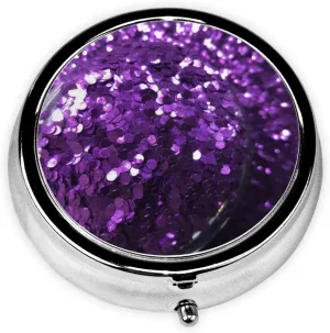 Beautiful Purple Glitter Pill Box Round Pill Case for Pocket Purse 3 Compartment Medicine Pill Organizer Cute Portable Travel Pillbox Vitamin Cod Liver Oil Storage Box Unique Gift Organizer