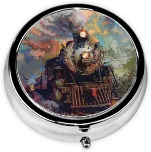 Beautiful Steam Train Pill Box Round Pill Case for Pocket Purse 3 Compartment Medicine Pill Organizer Cute Portable Travel Pillbox Vitamin Cod Liver Oil Storage Box Unique Gift Organizer