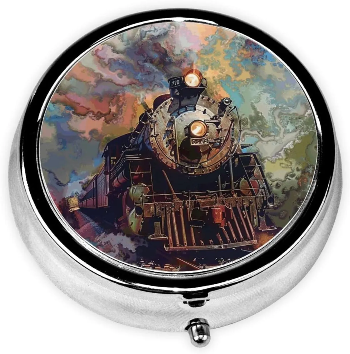 Beautiful Steam Train Pill Box Round Pill Case for Pocket Purse 3 Compartment Medicine Pill Organizer Cute Portable Travel Pillbox Vitamin Cod Liver Oil Storage Box Unique Gift Organizer