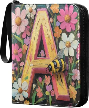 Bee with Colorful Flowers Cards Binder 4 Pocket Fits 400 Cards with 50 Removable Sleevesves, Trading Card Collector Zipper Album Holder Portable Card Games Display Storage Cases