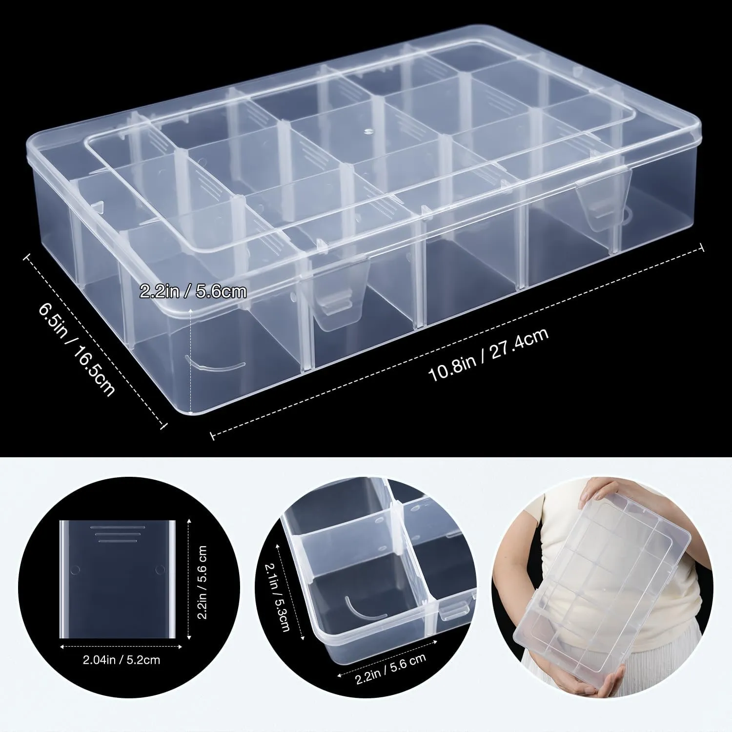 Benbilry 2 Pack 15 Grids Clear Storage Containers Plastic Organizer Box Craft Storage Boxes with Adjustable Dividers for Beads Organizer Art DIY Fishing Tackles Jewelry Crafts