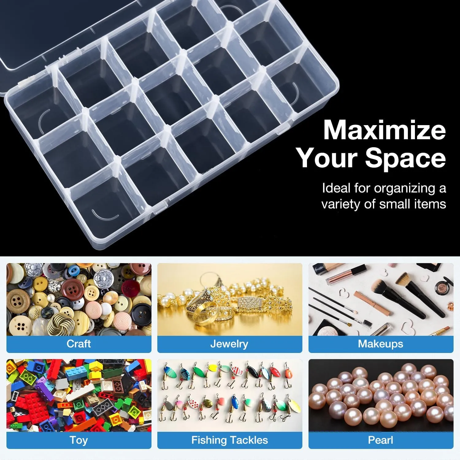 Benbilry 2 Pack 15 Grids Clear Storage Containers Plastic Organizer Box Craft Storage Boxes with Adjustable Dividers for Beads Organizer Art DIY Fishing Tackles Jewelry Crafts