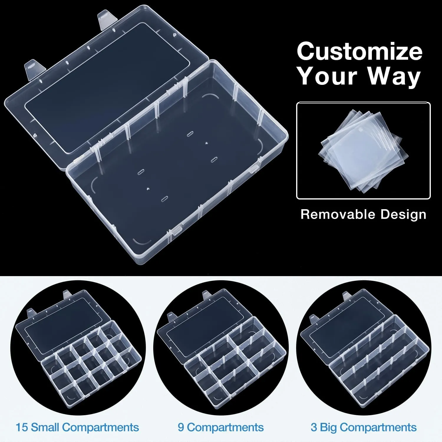Benbilry 2 Pack 15 Grids Clear Storage Containers Plastic Organizer Box Craft Storage Boxes with Adjustable Dividers for Beads Organizer Art DIY Fishing Tackles Jewelry Crafts