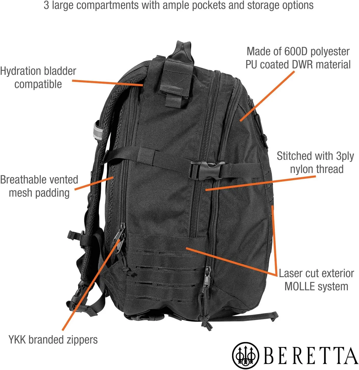 Beretta 29L Tactical High-Performance Medium-Sized Easy-Access DWR Backpack, Black, Large