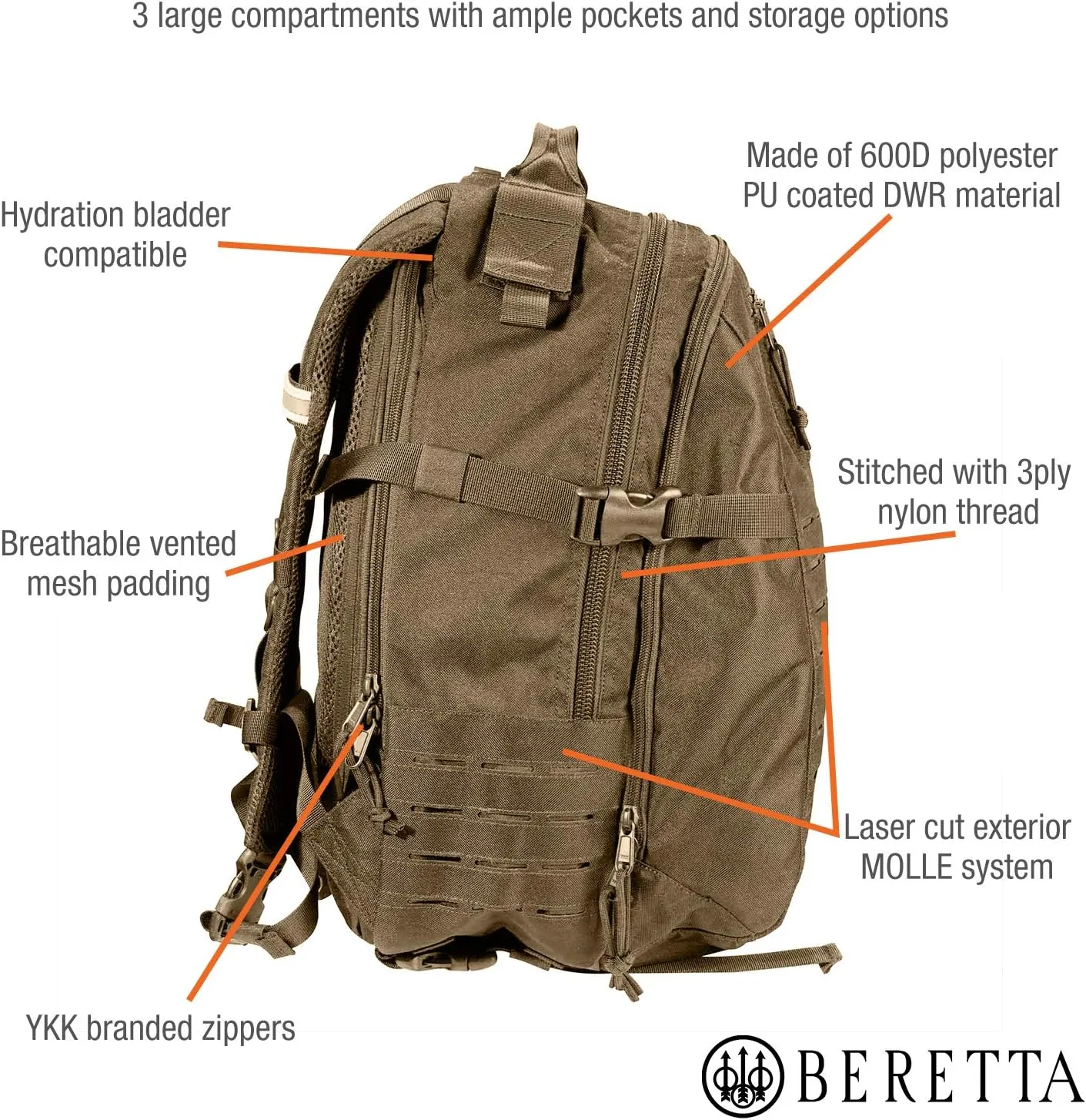 Beretta 29L Tactical High-Performance Medium-Sized Easy-Access DWR Backpack, Brown, Large