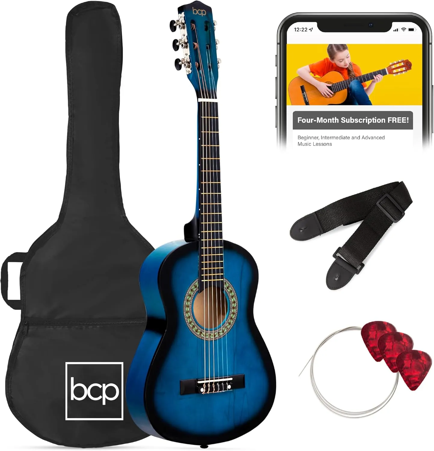 Best Choice Products 30in Beginners Acoustic Guitar, All-in-One Beginner Starter Kit w/Strap, Case, Extra Strings, Rosette Inlay - Blueburst
