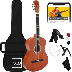 Best Choice Products 38in Beginner All Wood Acoustic Guitar Starter Kit w/Gig Bag, 6 Picks, Nylon Strings, Strap w/Pick Holder - Natural Mahogany