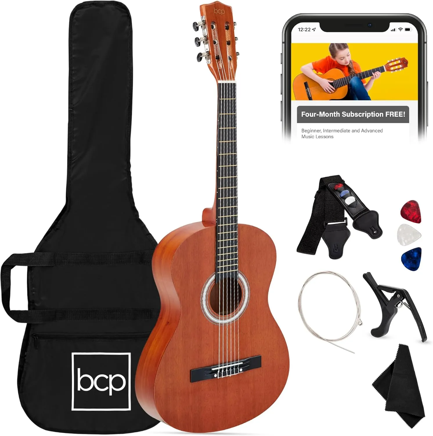 Best Choice Products 38in Beginner All Wood Acoustic Guitar Starter Kit w/Gig Bag, 6 Picks, Nylon Strings, Strap w/Pick Holder - Natural Mahogany