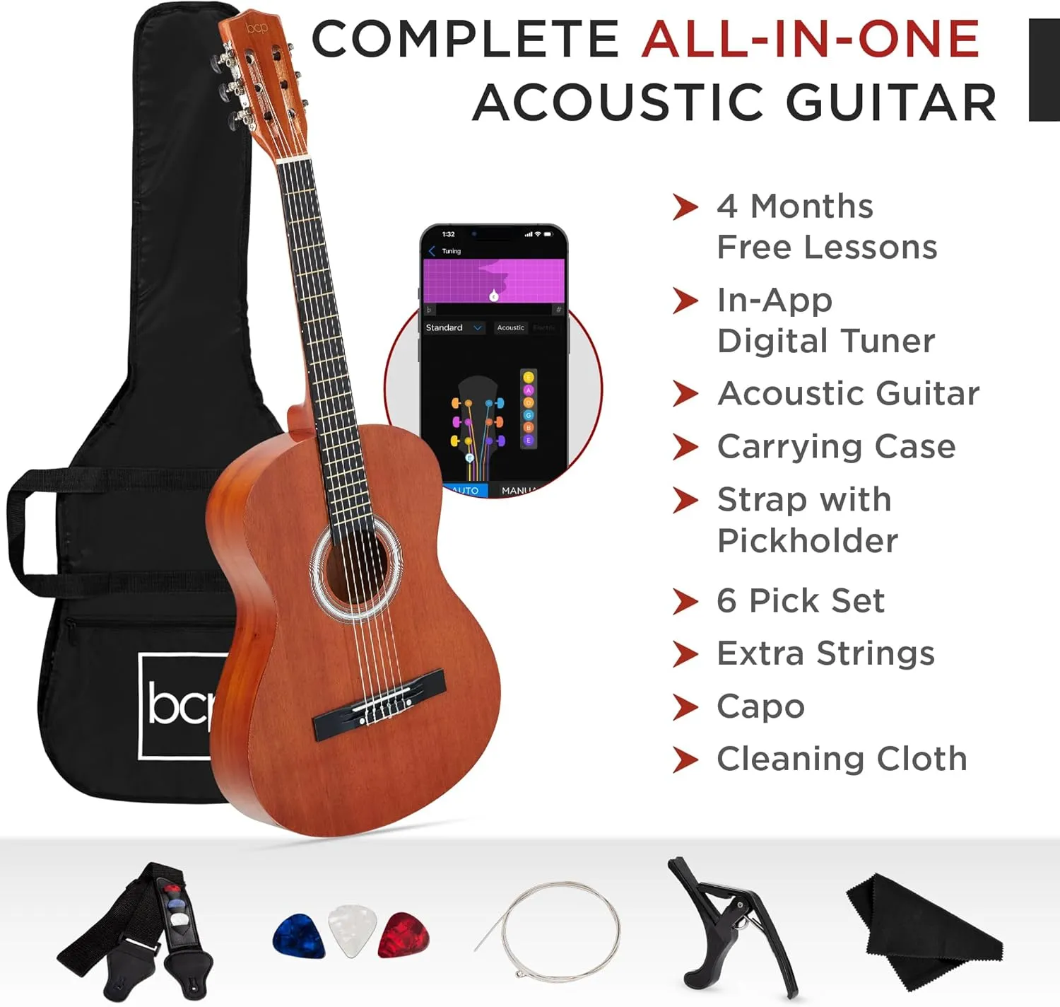 Best Choice Products 38in Beginner All Wood Acoustic Guitar Starter Kit w/Gig Bag, 6 Picks, Nylon Strings, Strap w/Pick Holder - Natural Mahogany