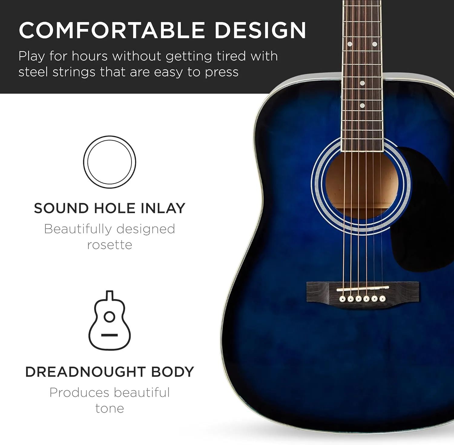 Best Choice Products 41in Full Size Beginner All Wood Acoustic Guitar Starter Set w/Case, Strap, Capo, Strings, Picks - Blue