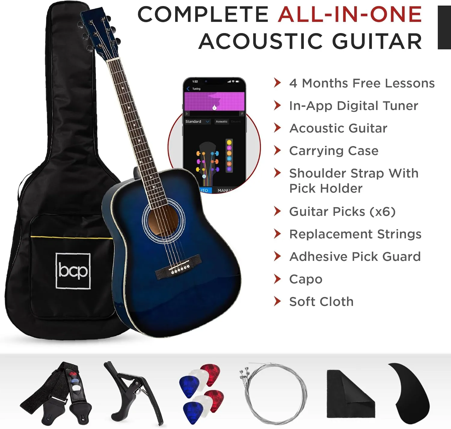 Best Choice Products 41in Full Size Beginner All Wood Acoustic Guitar Starter Set w/Case, Strap, Capo, Strings, Picks - Blue