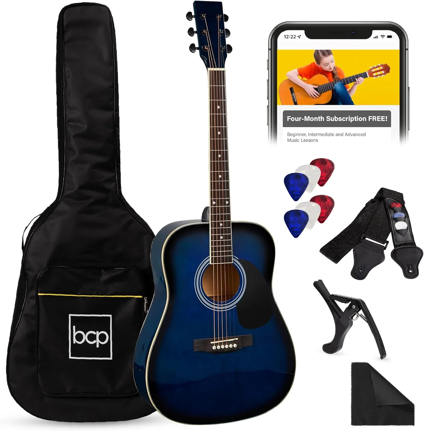 Best Choice Products 41in Full Size Beginner All Wood Acoustic Guitar Starter Set w/Case, Strap, Capo, Strings, Picks - Blue