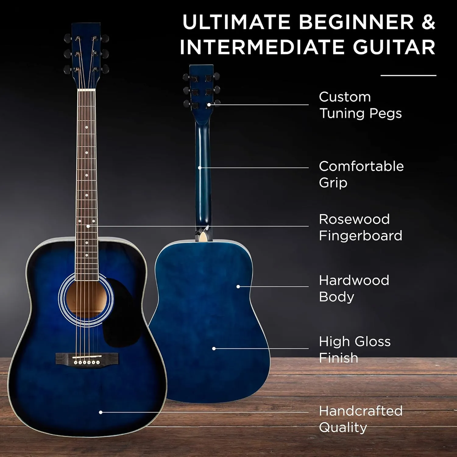 Best Choice Products 41in Full Size Beginner All Wood Acoustic Guitar Starter Set w/Case, Strap, Capo, Strings, Picks - Blue