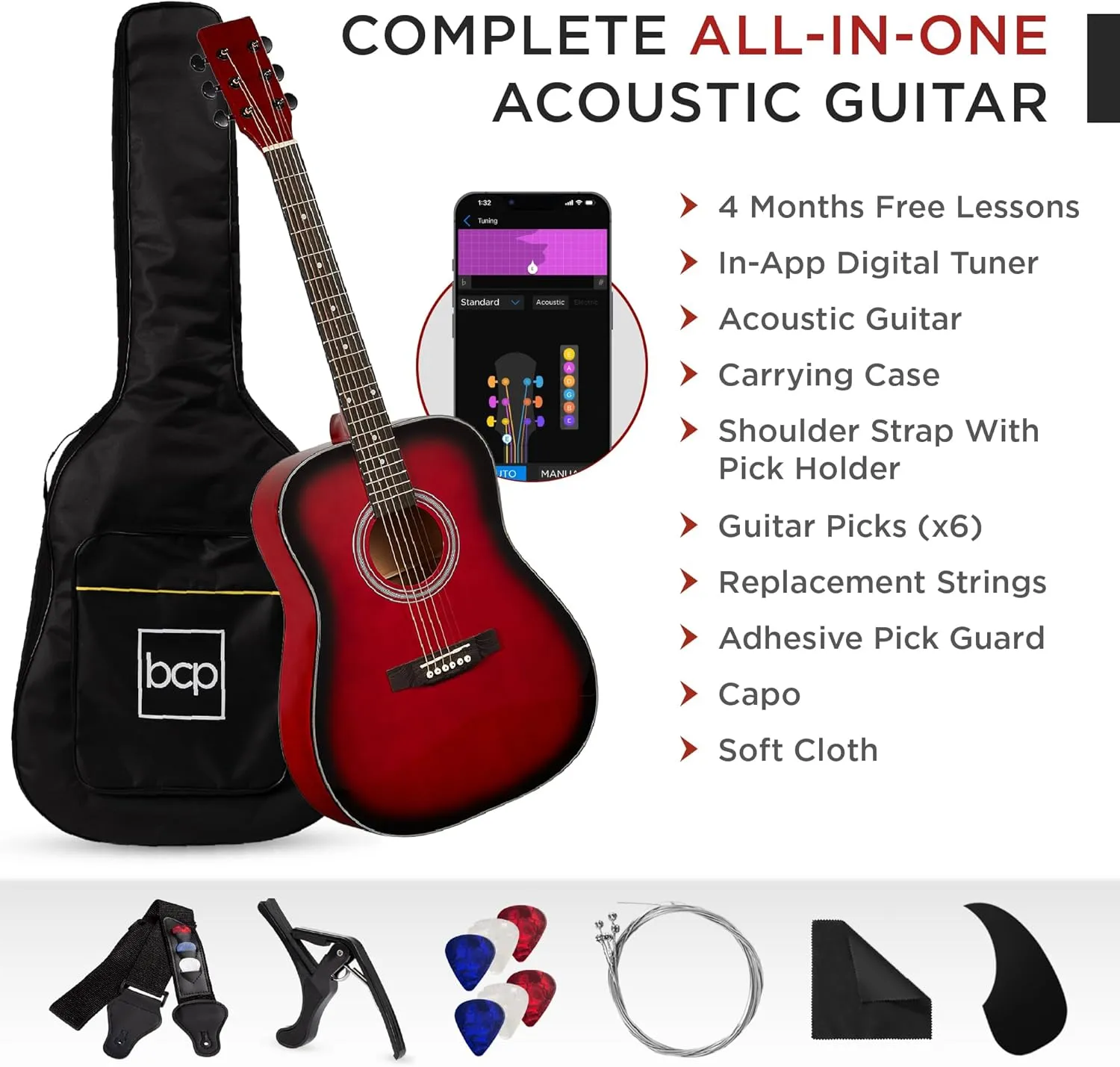 Best Choice Products 41in Full Size Beginner All Wood Acoustic Guitar Starter Set w/Gig Bag, Strap, Capo, Strings, Picks - Red Burst