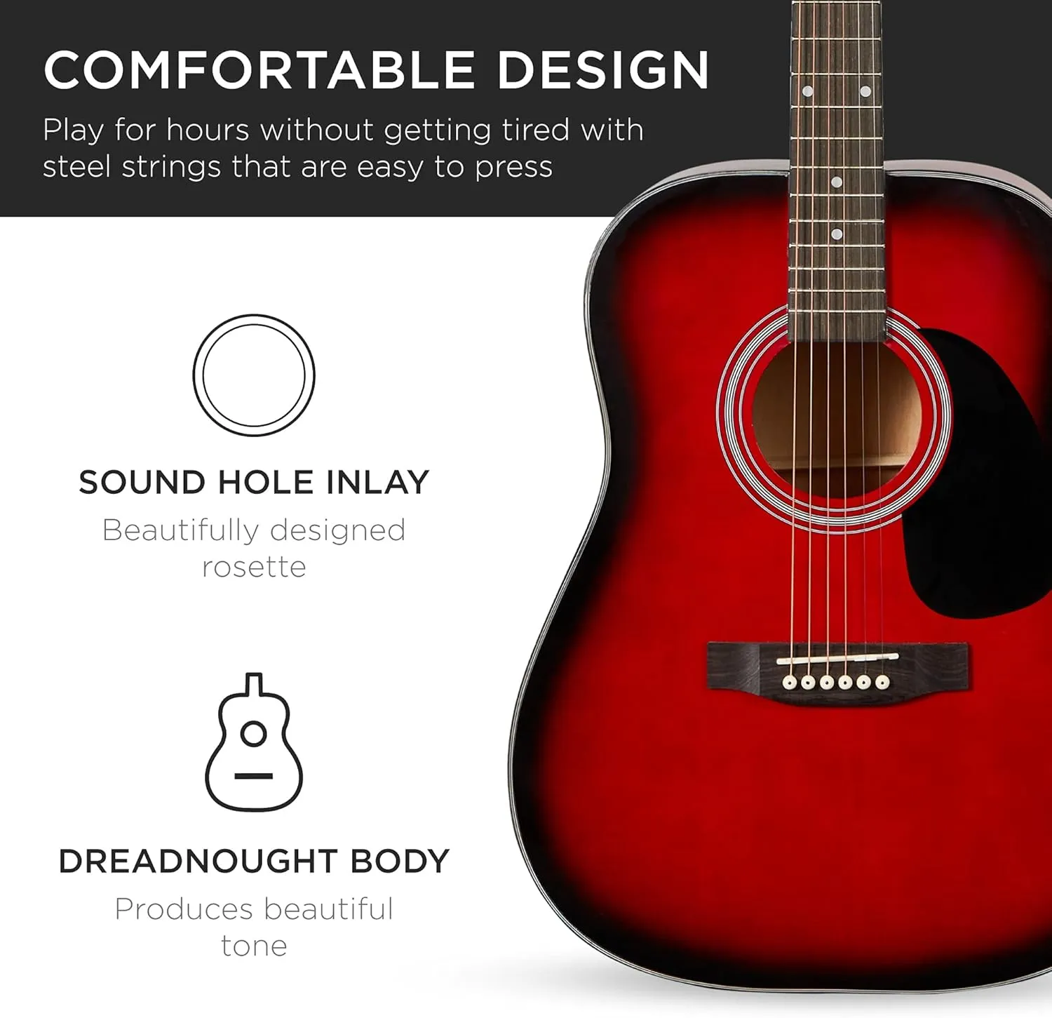 Best Choice Products 41in Full Size Beginner All Wood Acoustic Guitar Starter Set w/Gig Bag, Strap, Capo, Strings, Picks - Red Burst