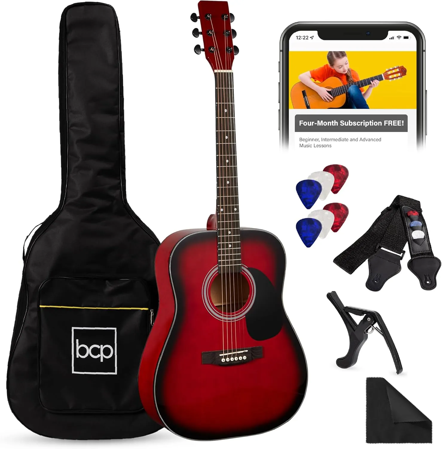 Best Choice Products 41in Full Size Beginner All Wood Acoustic Guitar Starter Set w/Gig Bag, Strap, Capo, Strings, Picks - Red Burst