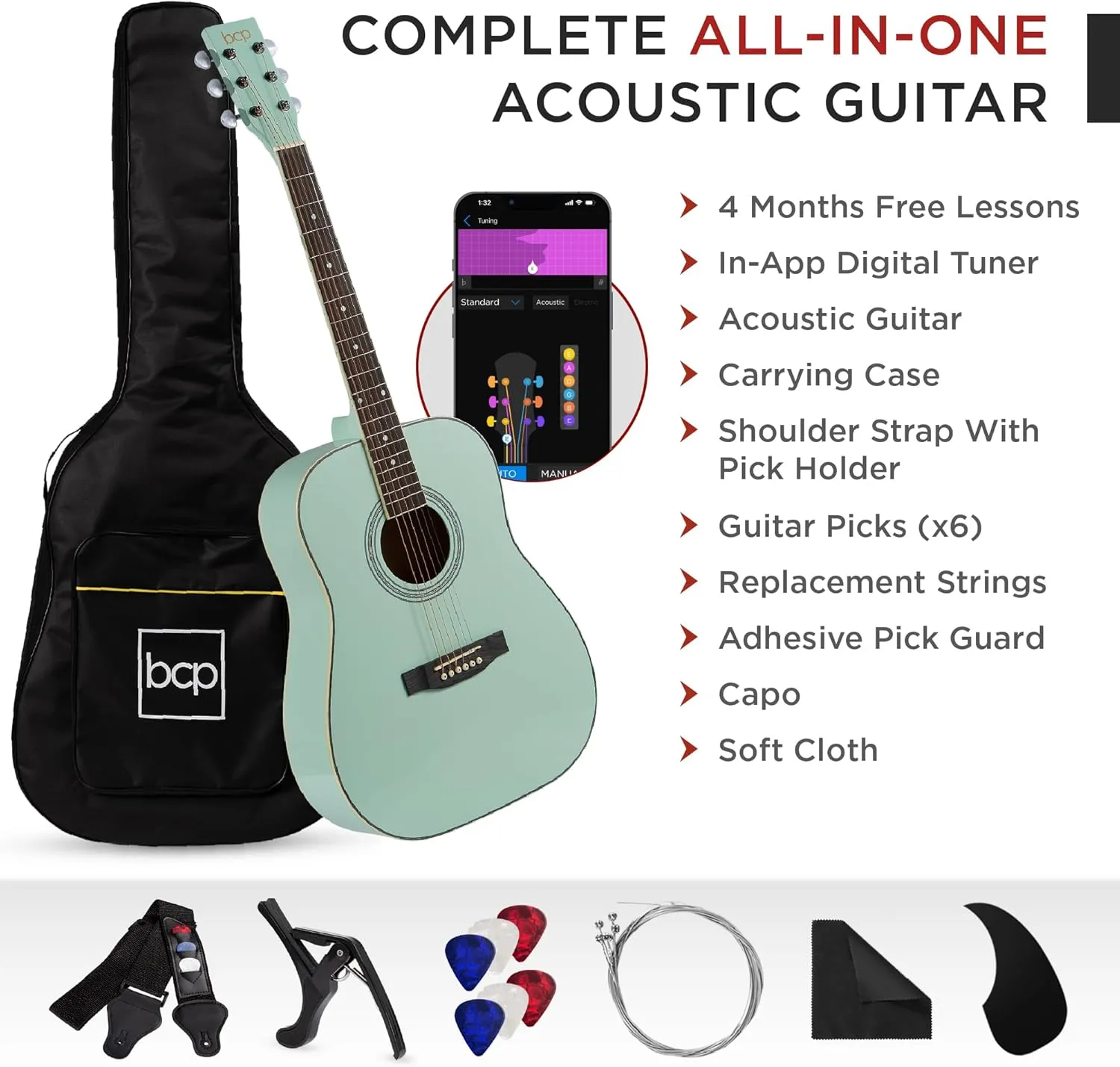 Best Choice Products 41in Full Size Beginner All Wood Acoustic Guitar Starter Set w/Gig Bag, Strap, Capo, Strings, Picks - SoCal Green