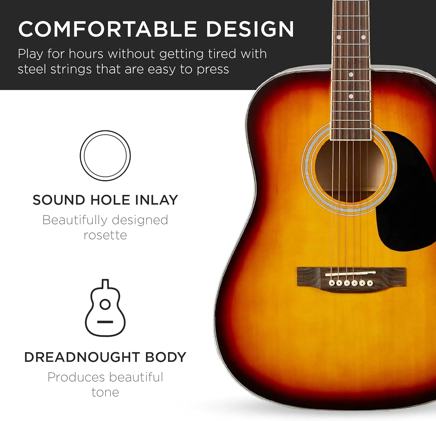 Best Choice Products 41in Full Size Beginner All Wood Acoustic Guitar Starter Set w/Gig Bag, Strap, Capo, Strings, Picks - Sunburst