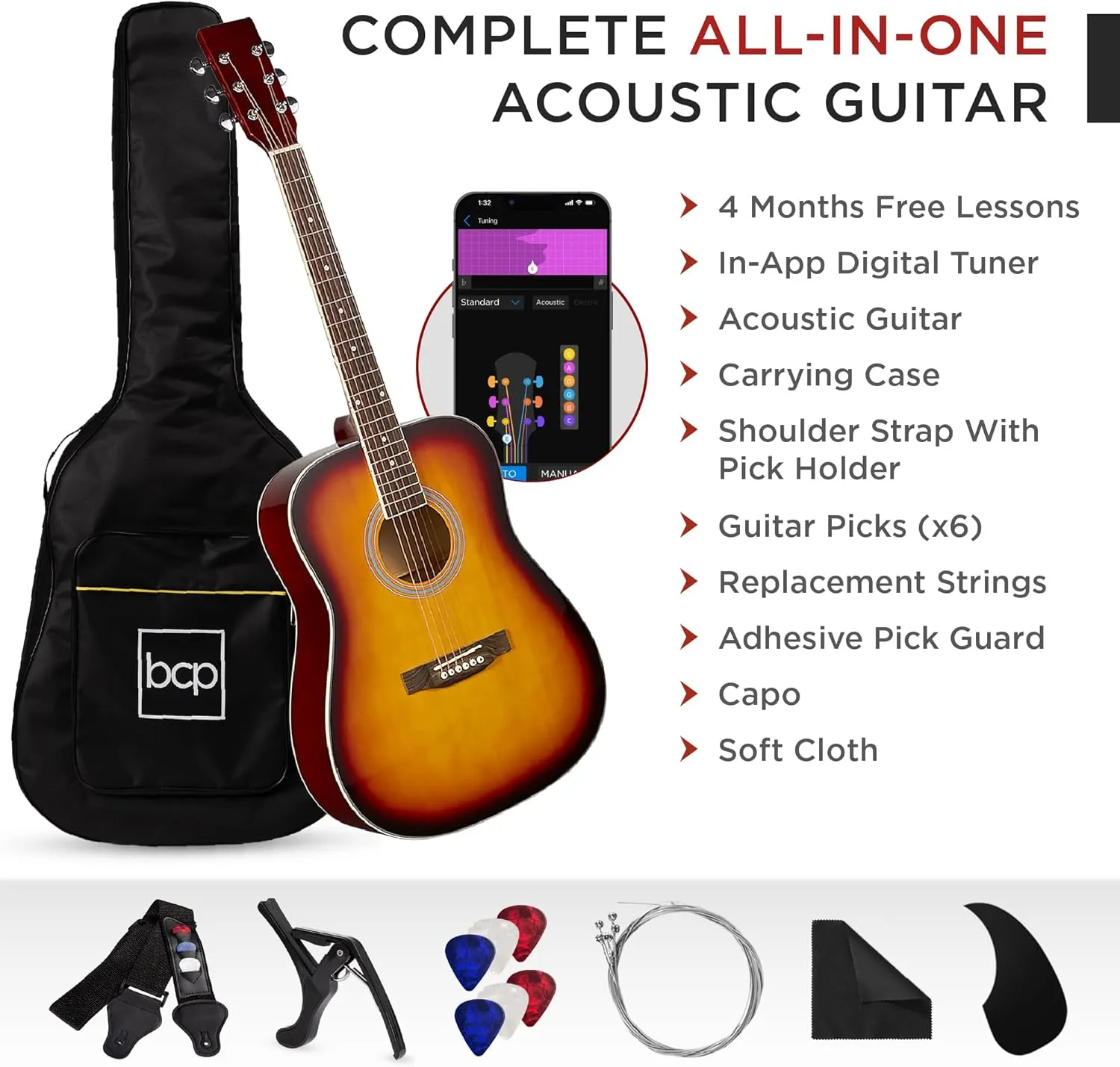 Best Choice Products 41in Full Size Beginner All Wood Acoustic Guitar Starter Set w/Gig Bag, Strap, Capo, Strings, Picks - Sunburst
