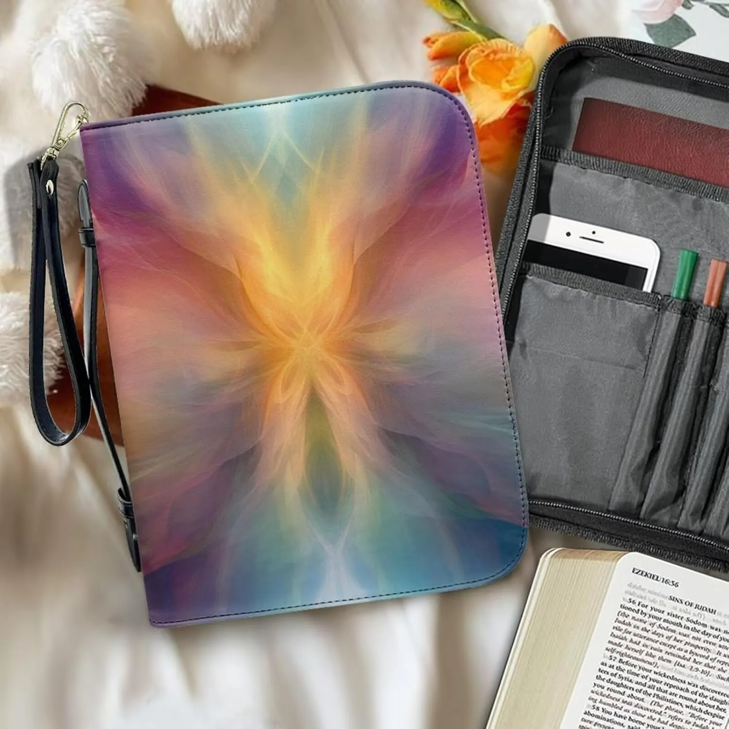 Bible Covers for Women PU Leather Bible Bag Bible Carrying Case with Wristlet Strap Bible Protective Bible Hand Bag with Handle Bible Accessories,Art Linear Flower