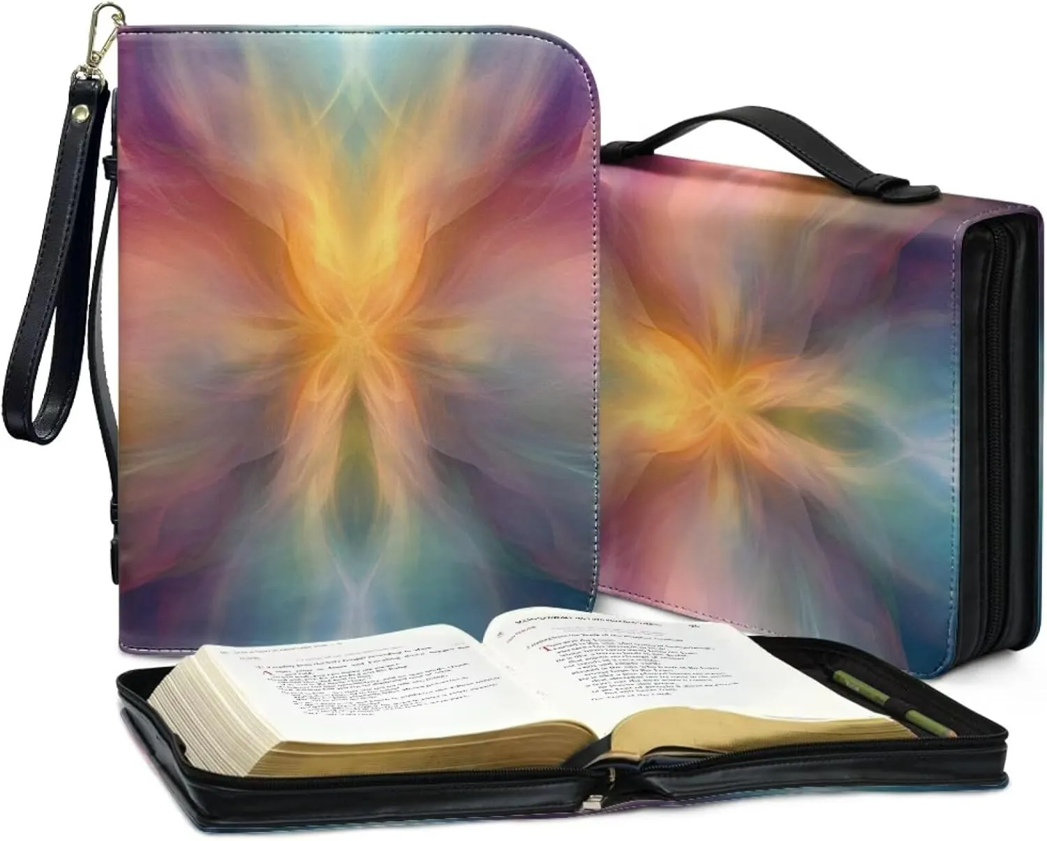 Bible Covers for Women PU Leather Bible Bag Bible Carrying Case with Wristlet Strap Bible Protective Bible Hand Bag with Handle Bible Accessories,Art Linear Flower
