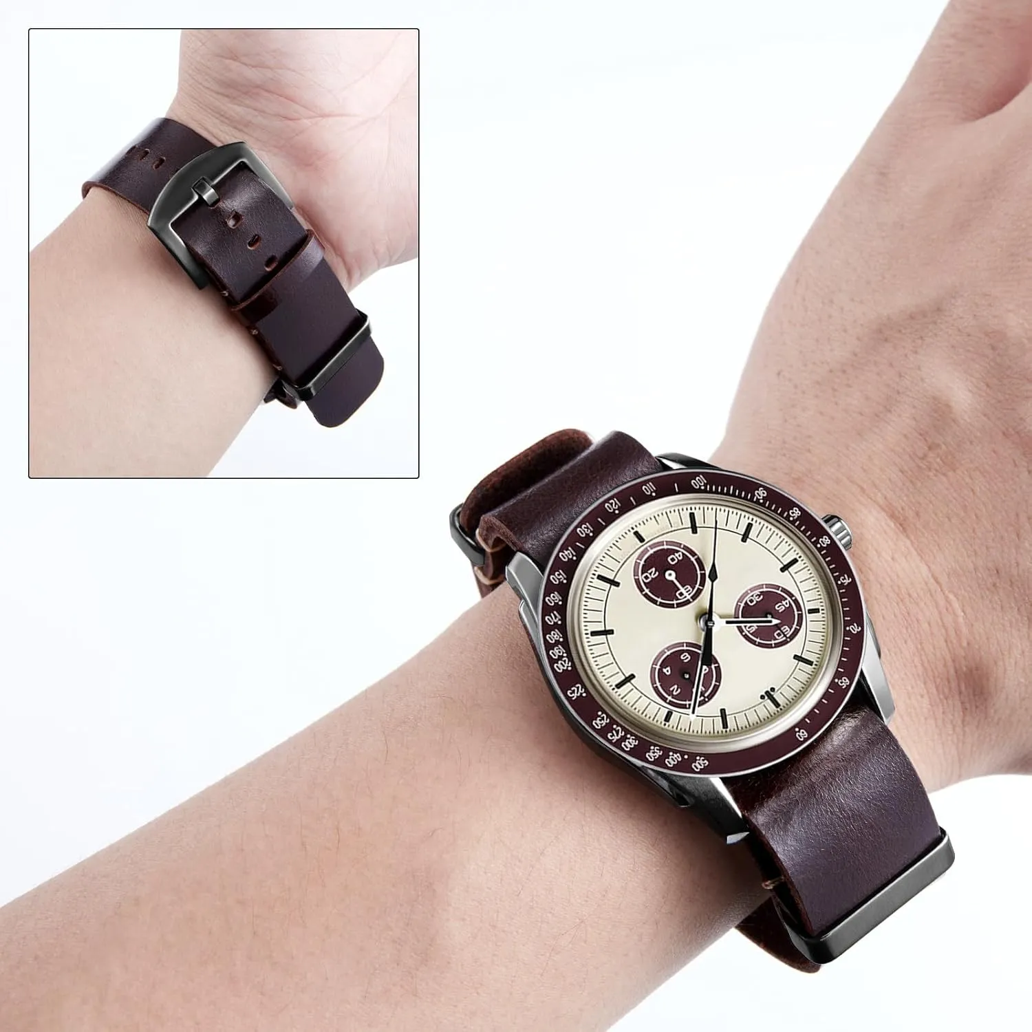 BINLUN Leather Watch Band Crazy Horse Oiled Leather Watch Straps 18mm 19mm 20mm 21mm 22mm 24mm Replacement One-Piece Watchbands for Men and Women Silver & Black Buckle