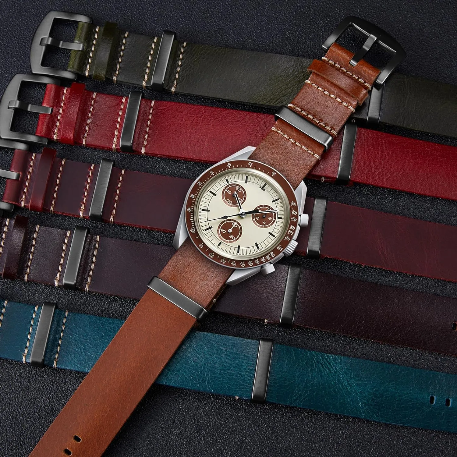 BINLUN Leather Watch Band Crazy Horse Oiled Leather Watch Straps 18mm 19mm 20mm 21mm 22mm 24mm Replacement One-Piece Watchbands for Men and Women Silver & Black Buckle