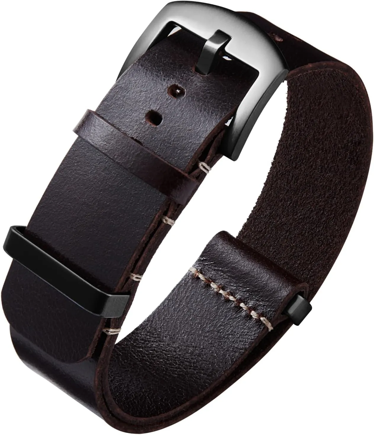 BINLUN Leather Watch Band Crazy Horse Oiled Leather Watch Straps 18mm 19mm 20mm 21mm 22mm 24mm Replacement One-Piece Watchbands for Men and Women Silver & Black Buckle