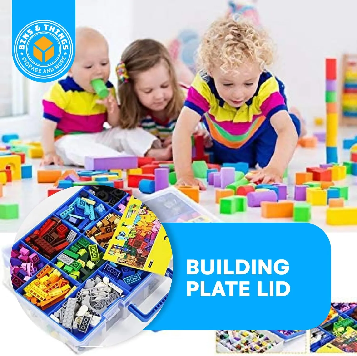 Bins & Things 30 Compartment Plastic Storage Box Organizer for Lego, Hot Wheels, LOL Surprise - Blue Rectangular