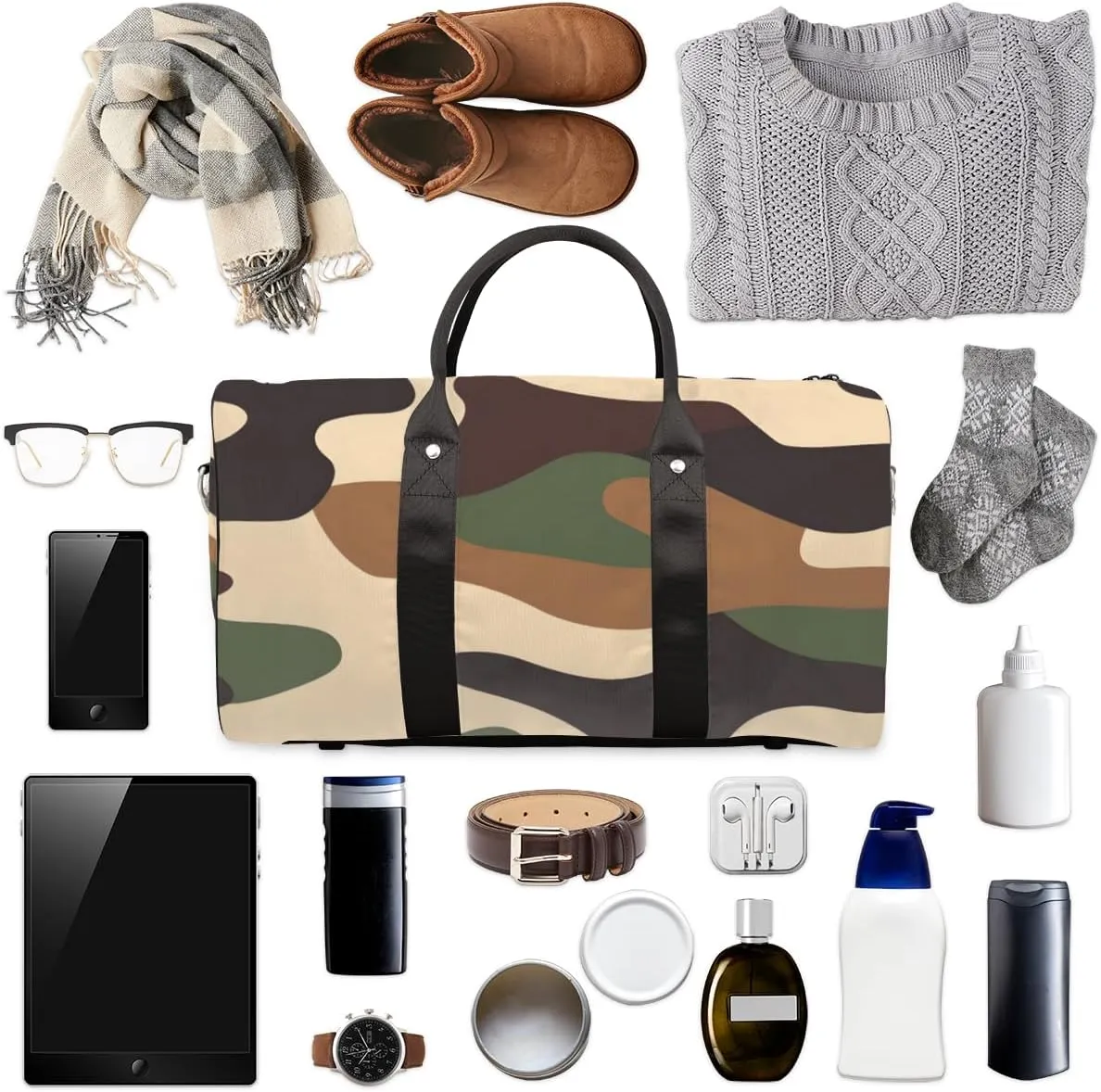 Black Brown Camo Travel Duffle Bag for Women Men Gym Duffel Foldable Bag Waterproof Weekender Camouflage Duffle Tote