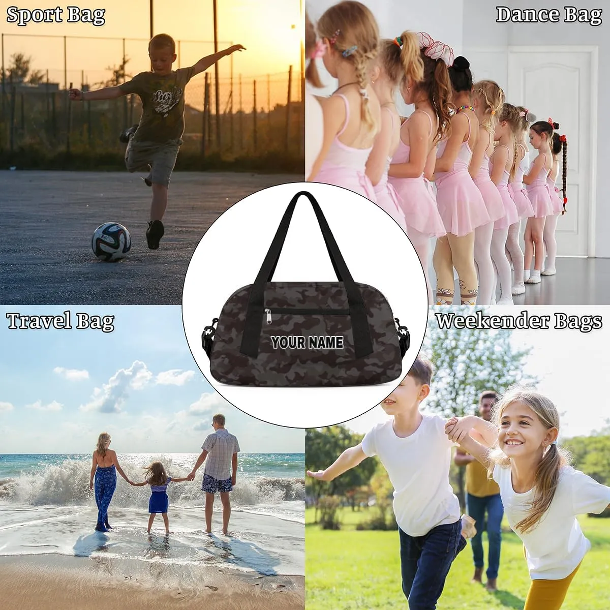 Black Camouflage Personalized Kids Duffel Bags for Boys Girls, Personalized Custom Sports Gym Bag, Customized Travel Duffel Bag Girls Dance Bag Weekender Overnight Bag for Kids